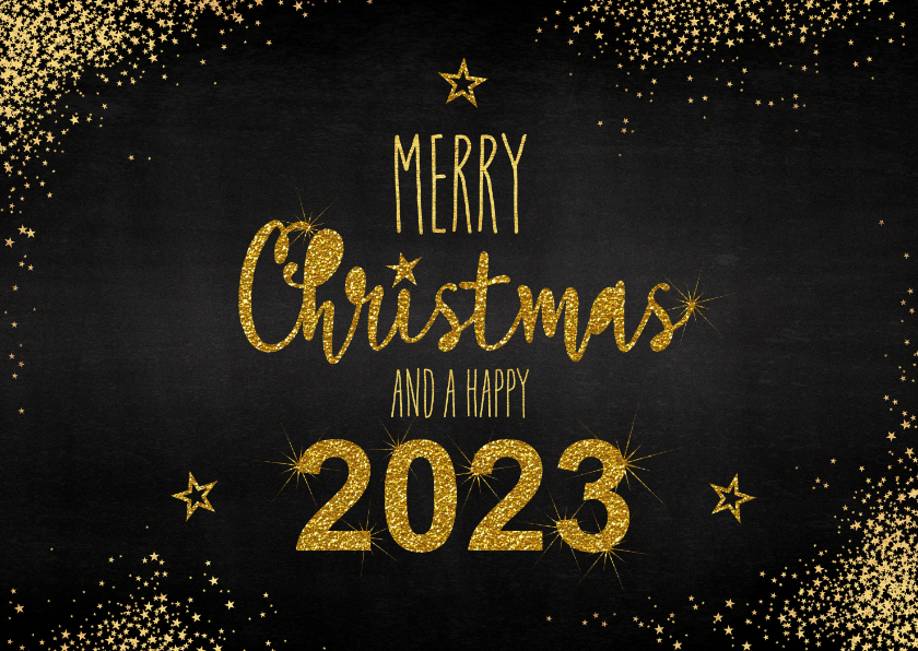 Kerstkaarten - Kerst stoer en feestelijk handlettering goud glitter 2023