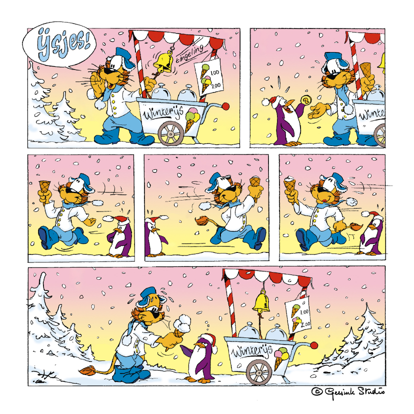 Kerstkaarten - Kerst strip Loeki sneeuw ijsjes
