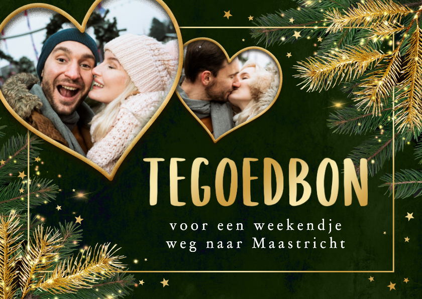 Kerstkaarten - Kerst tegoedbon dennentakken goud sterretjes foto's hartjes