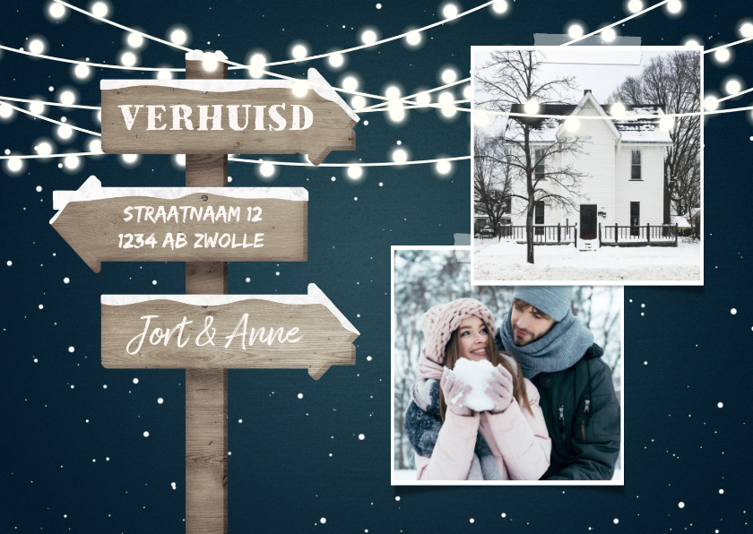 Kerstkaarten - Kerst-verhuiskaart 2 foto's met lampjes en wegwijzerbord