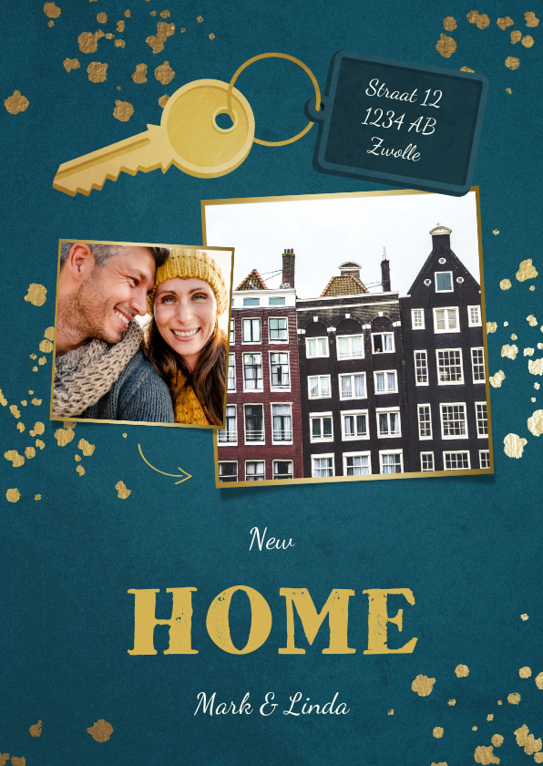 Kerst-verhuiskaart 2 foto's sleutel met label new home - Kerstkaarten Kerstkaarten - Kerst-verhuiskaart 2 foto's sleutel met label new home