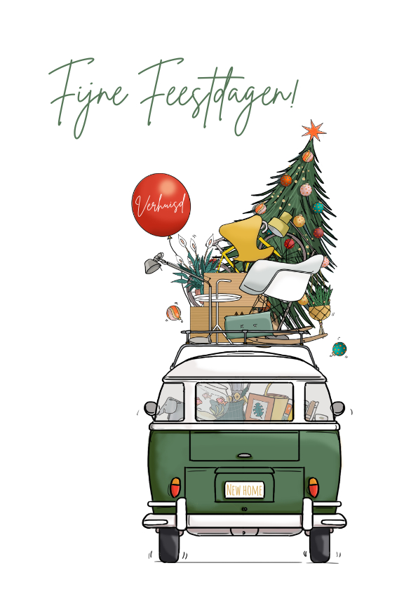 Kerstkaarten - Kerst verhuiskaart achterkant busje met kerstboom 