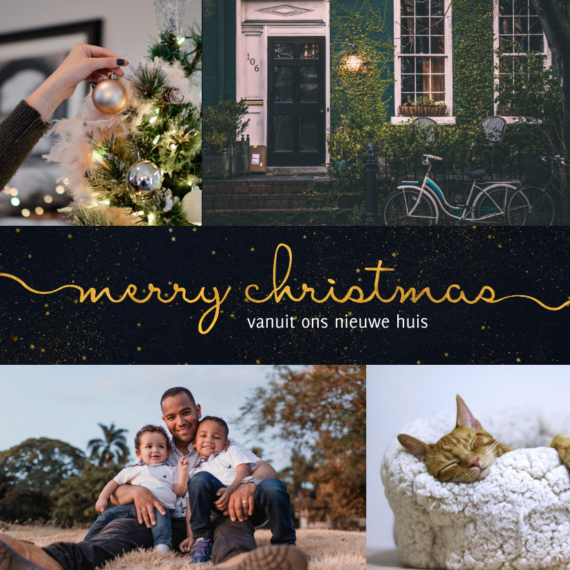 Kerst-verhuiskaart donkere achtergrond met sierlijke letters - Kerstkaarten Kerstkaarten - Kerst-verhuiskaart donkere achtergrond met sierlijke letters