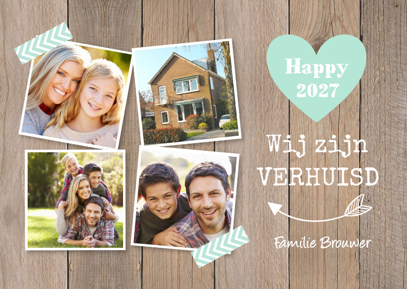 Kerst verhuiskaart fotocollage houtlook hartje - Kerstkaarten Kerstkaarten - Kerst verhuiskaart fotocollage houtlook hartje