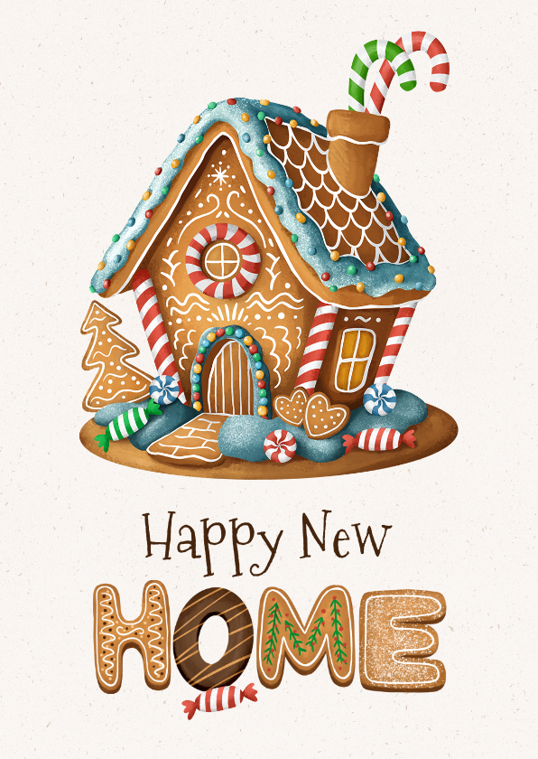 Kerstkaarten - Kerst verhuiskaart gingerbread house huis snoep koekjes