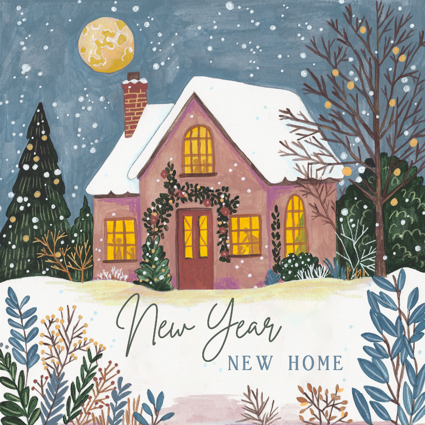 Kerst verhuiskaart huisje in de sneeuw - Kerstkaarten Kerstkaarten - Kerst verhuiskaart huisje in de sneeuw