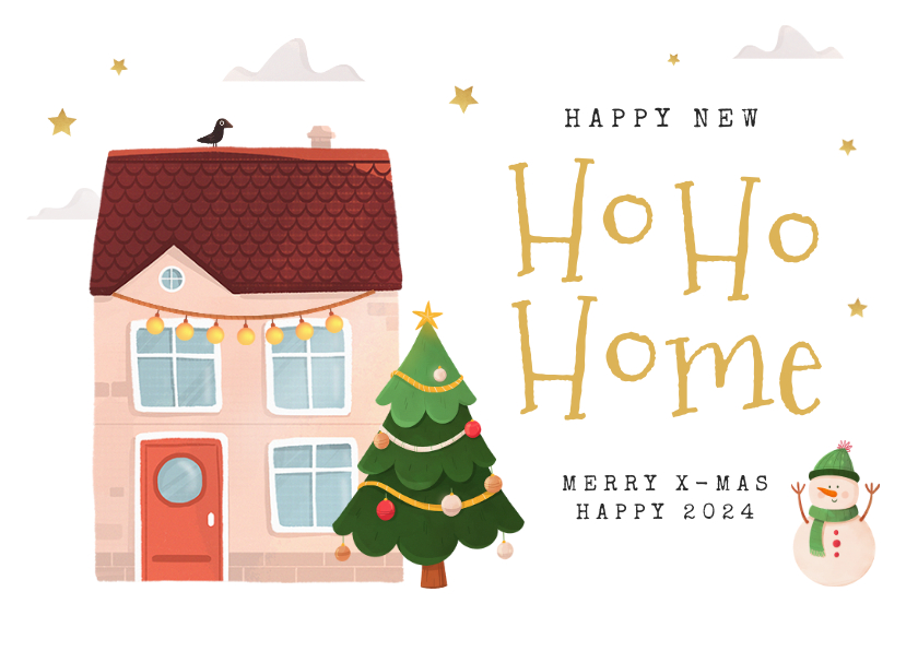 Kerst verhuiskaart huisje kerstboom sneeuwpop Kaartje2go