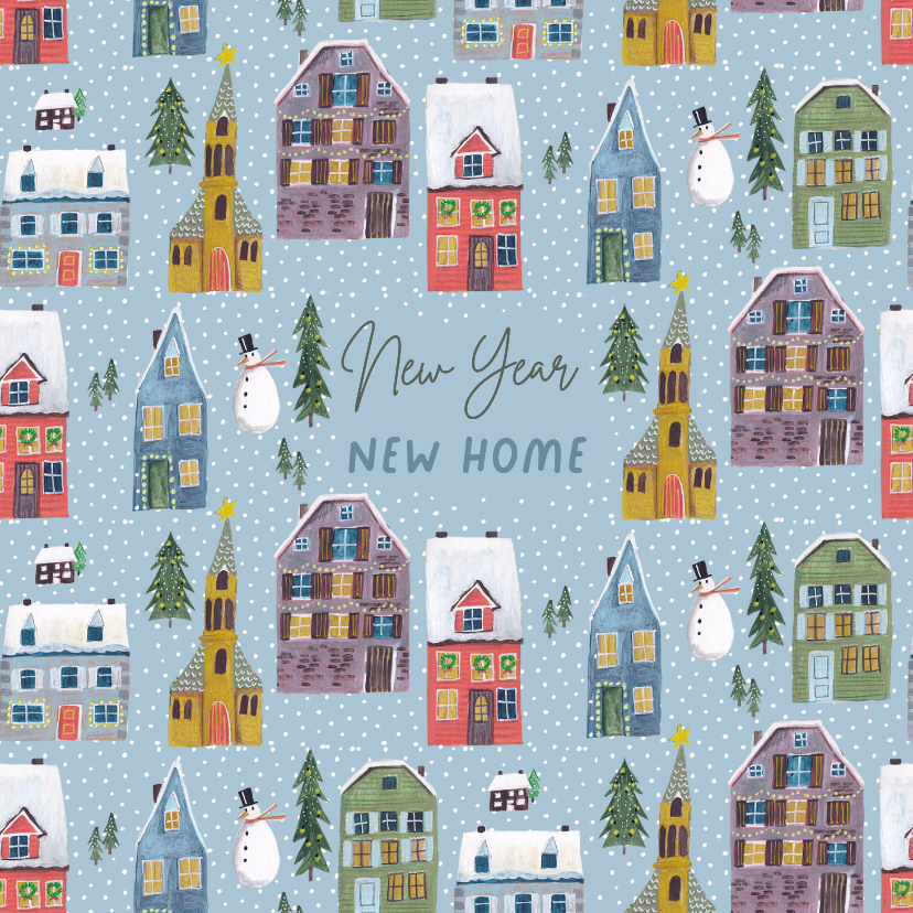 Kerstkaarten - Kerst verhuiskaart huisjes in de sneeuw