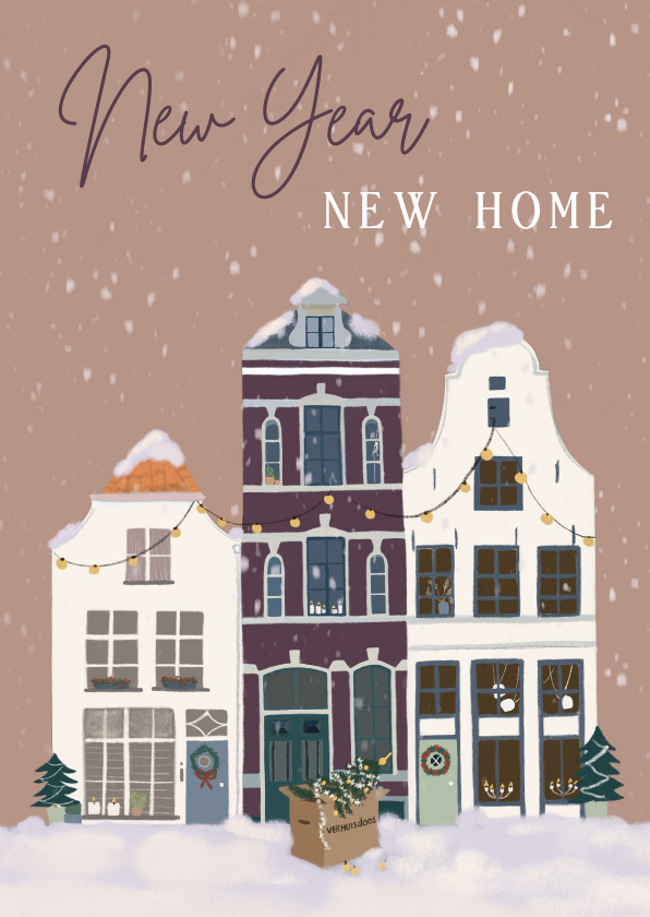 Kerstkaarten - Kerst verhuiskaart huizen in sneeuw