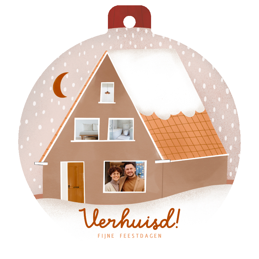 Kerstkaarten - Kerst verhuiskaart kerstbal vorm roest maan