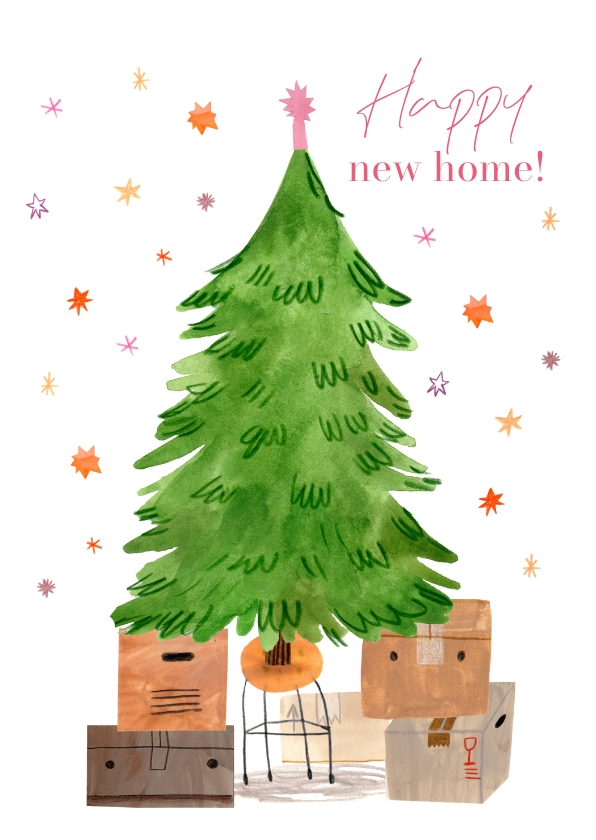 Kerstkaarten - Kerst verhuiskaart kerstboom met verhuispakjes en sterren