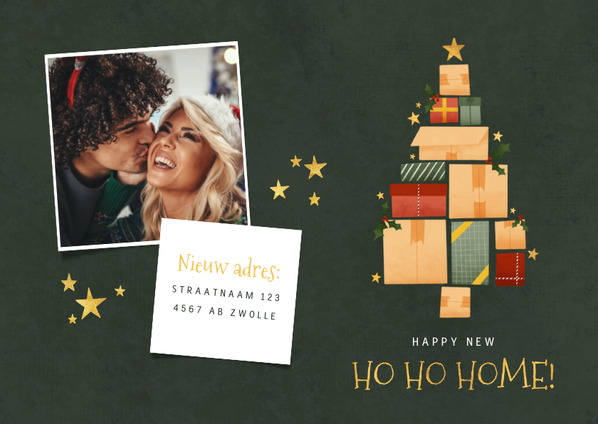 Kerst verhuiskaart kerstboom van dozen, cadeautjes en foto's - Kerstkaarten Kerstkaarten - Kerst verhuiskaart kerstboom van dozen, cadeautjes en foto's