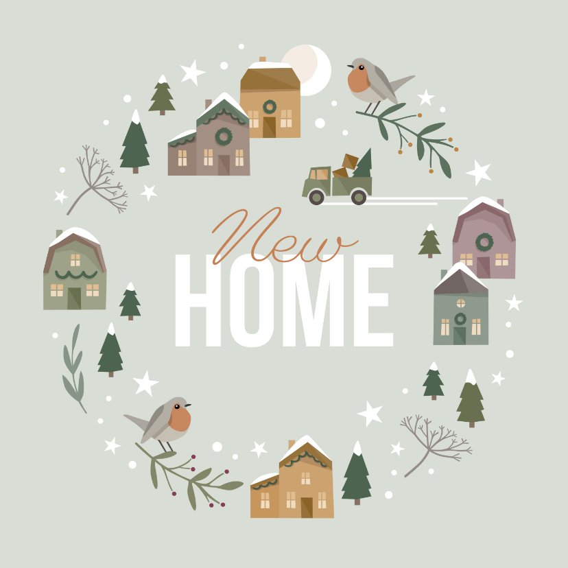 Kerstkaarten - Kerst-verhuiskaart kerstdorpje met verhuiswagen