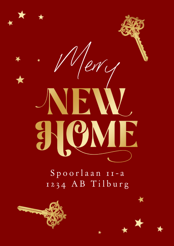 Kerstkaarten - Kerst verhuiskaart merry new home sterren sleutel goud