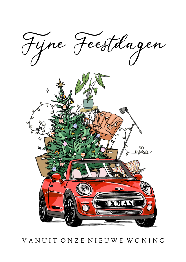 Kerstkaarten - Kerst verhuiskaart met auto kerstboom en verhuisdozen