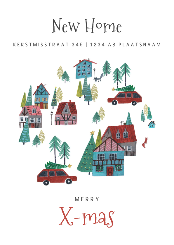Kerstkaarten - Kerst verhuiskaart met huisjes en auto in winterlandschap