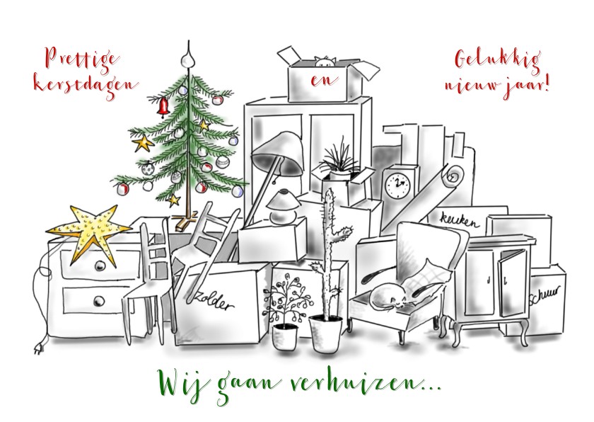 Kerst verhuiskaart met katten - Kerstkaarten Kerstkaarten - Kerst verhuiskaart met katten