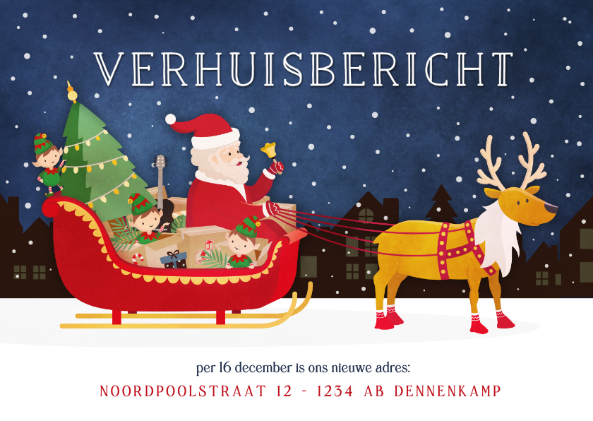 Kerstkaarten - Kerst verhuiskaart met kerstman en inboedel in arrenslee 