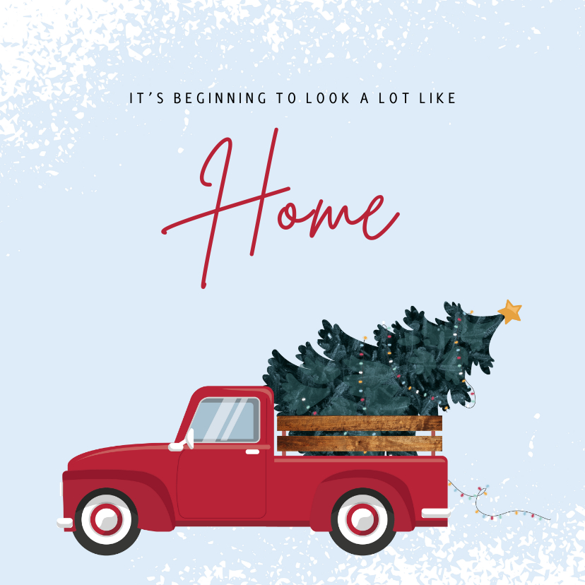 Kerstkaarten - Kerst verhuiskaart met rode pick-up met kerstboom