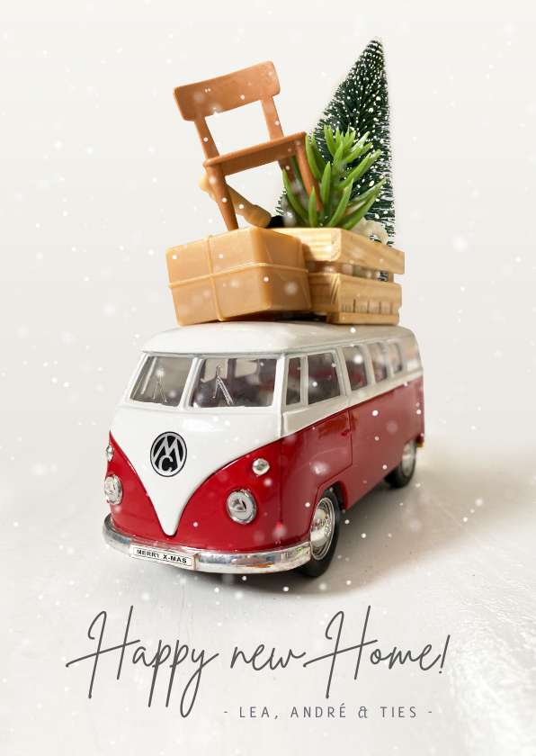 Kerstkaarten - Kerst verhuiskaart met Volkswagen busje en spullen op dak