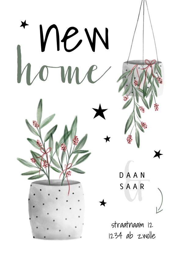 Kerstkaarten - Kerst verhuiskaart new home met planten en sterren