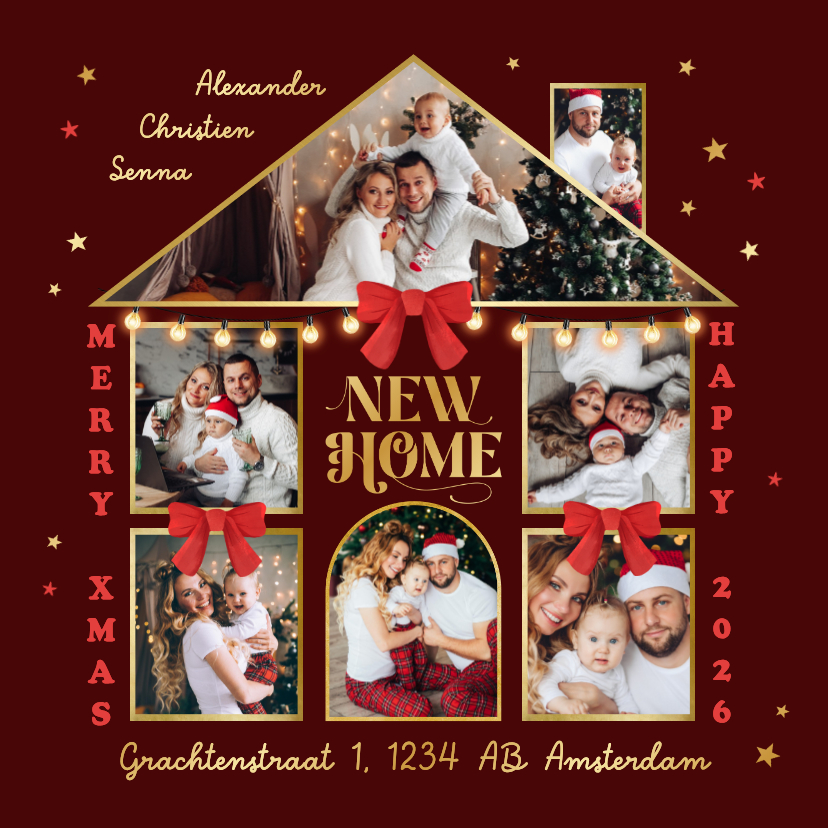 Kerstkaarten - Kerst verhuiskaart nieuw huis fotocollage sterren goud