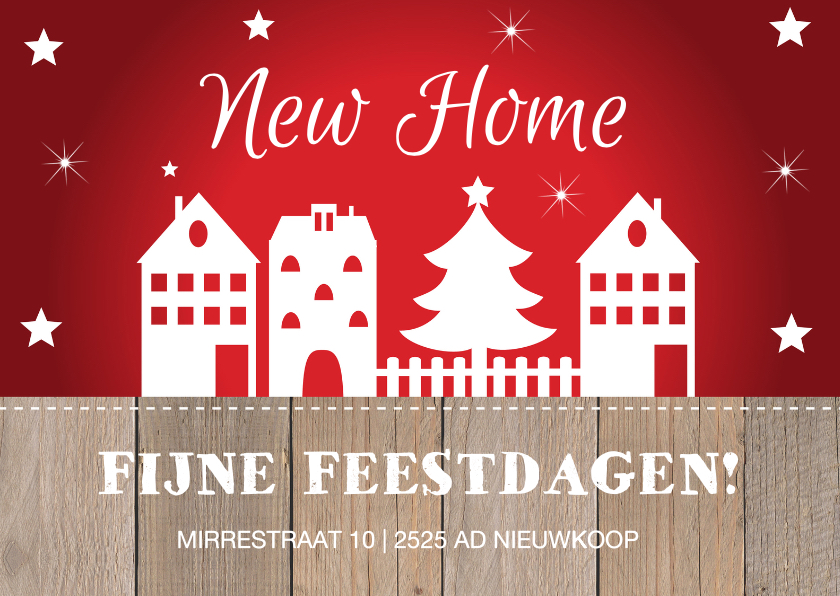 Kerst verhuiskaart rood design huisjes - Kerstkaarten Kerstkaarten - Kerst verhuiskaart rood design huisjes