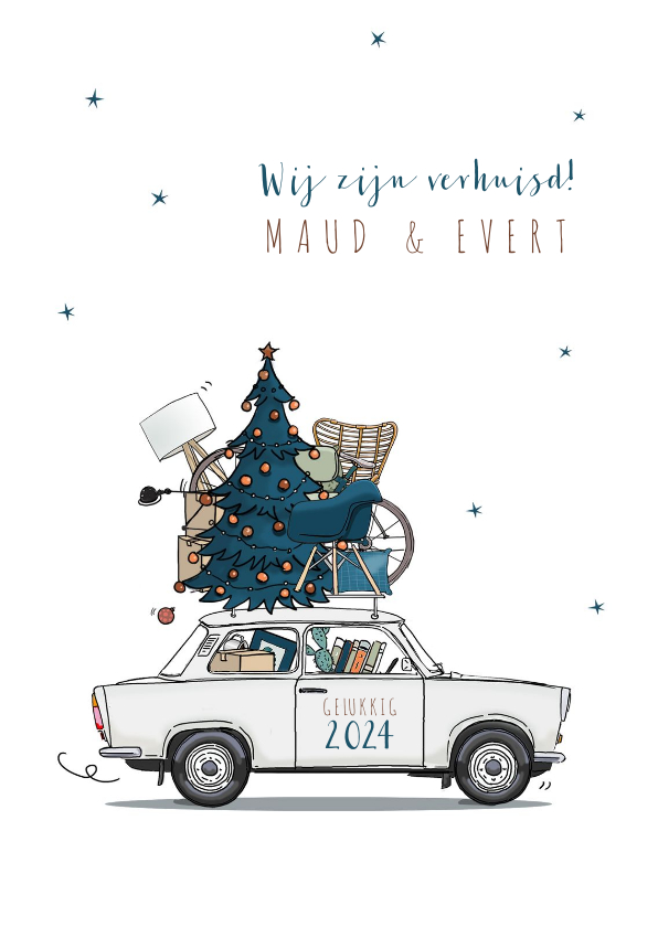 Kerst verhuiskaart Trabant wit met blauwe kerstboom - Kerstkaarten Kerstkaarten - Kerst verhuiskaart Trabant wit met blauwe kerstboom