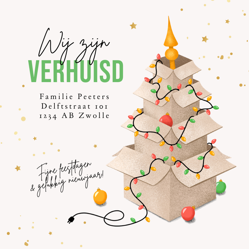 Kerstkaarten - Kerst verhuiskaart verhuisdozen kerstboom new home