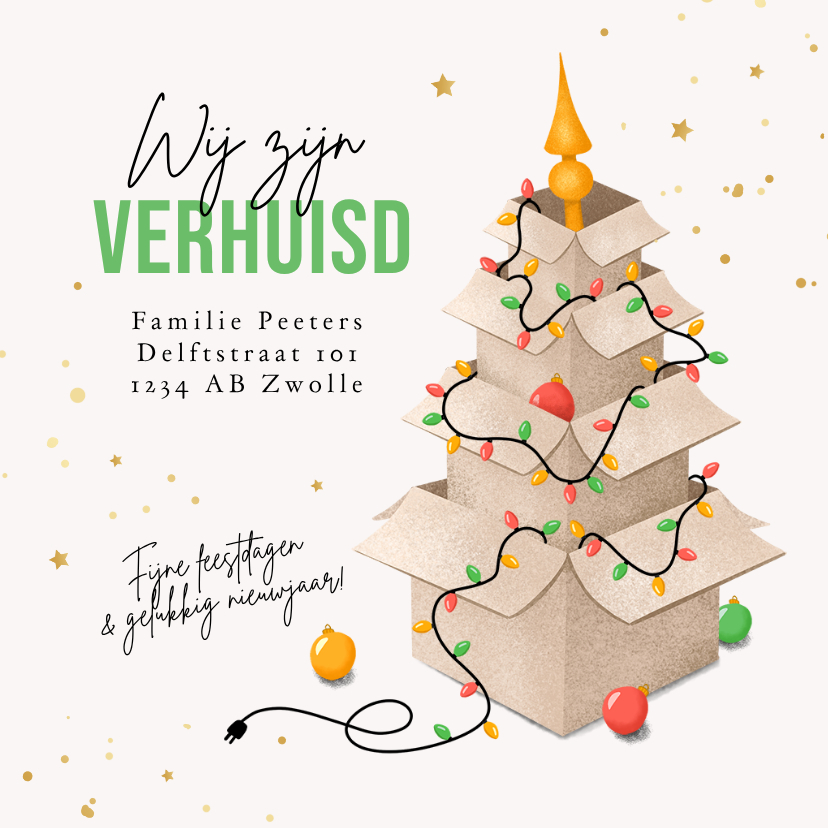 Kerst verhuiskaart verhuisdozen kerstboom new home - Kerstkaarten Kerstkaarten - Kerst verhuiskaart verhuisdozen kerstboom new home