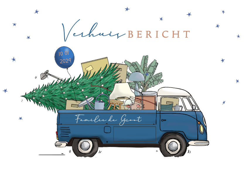 Kerstkaarten - Kerst verhuiskaart vw pickup blauw met verhuisspullen