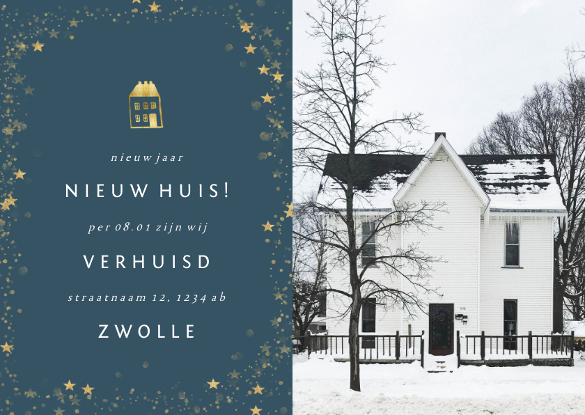 Kerstkaarten - Kerst-verhuiskaartje met foto en gouden huisje