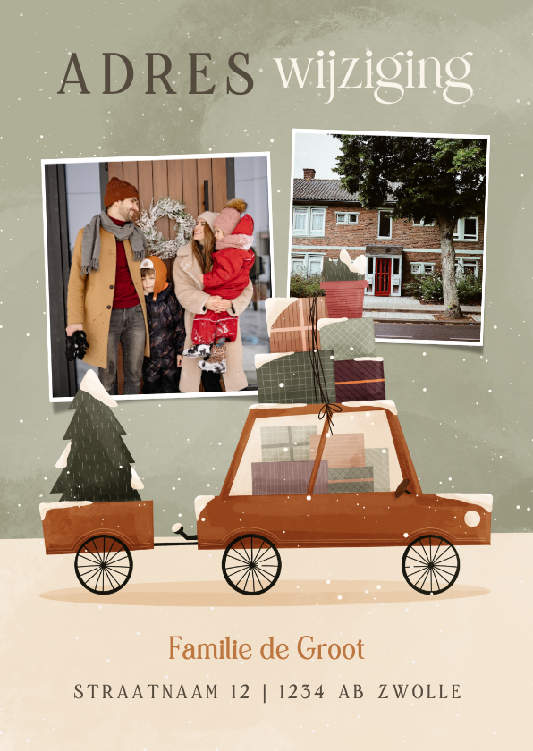 Kerstkaarten - Kerst-verhuiskaartje met foto's en een auto met kerstboom