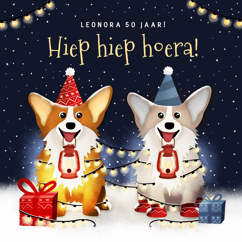 Kerstkaarten - Kerst verjaardagskaart met 2 corgi honden met feesthoedjes