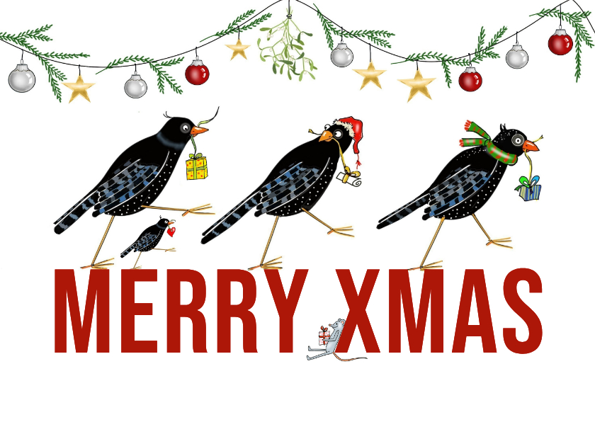 Kerstkaarten - Kerst - vogels met kerstkadootjes