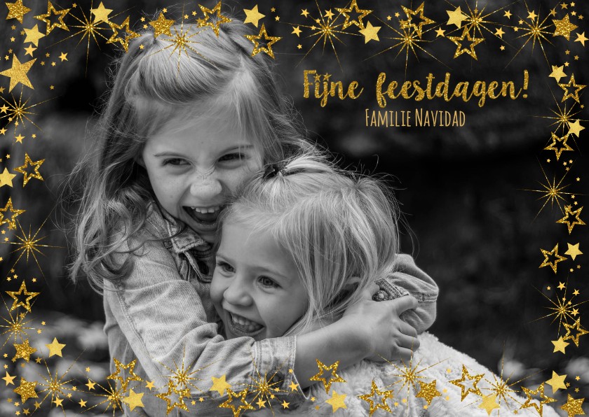 Kerst vrolijke hippe fotokaart met goudkleurige sterren. - Kerstkaarten Kerstkaarten - Kerst vrolijke hippe fotokaart met goudkleurige sterren.