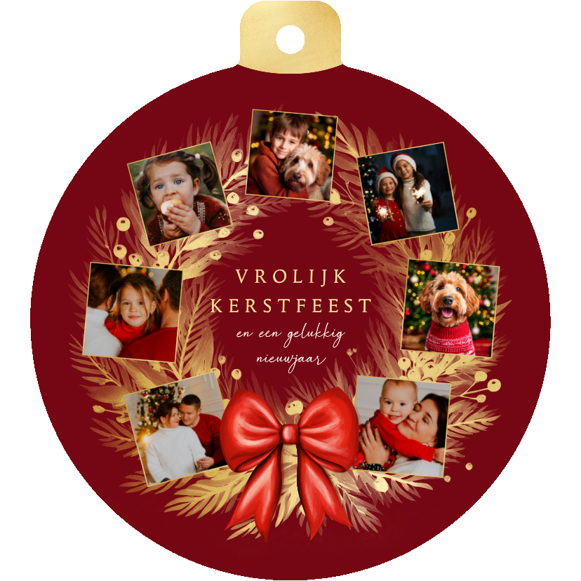 Kerstkaarten - Kerstbal fotocollage gouden kerstkrans met rode strik