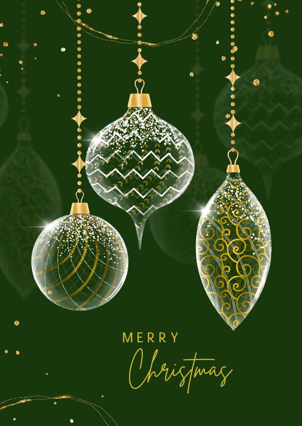 Kerstkaarten - Kerstballen glas-goud op donkergroen