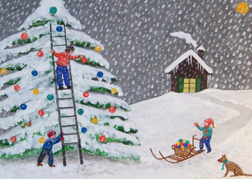 Kerstkaarten - Kerstboom die versierd wordt door kinderen