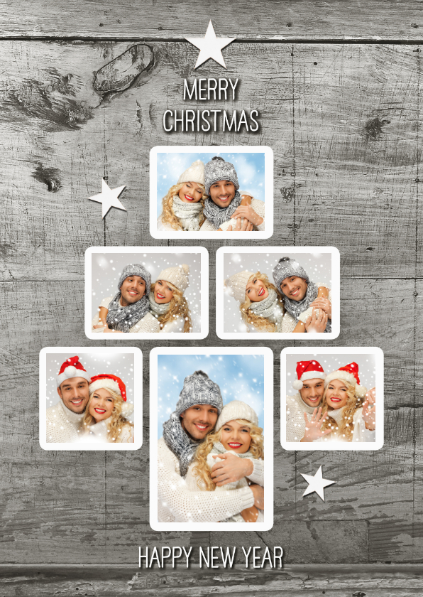 Kerstboom Fotocollage trendy kerstboom op hout - Kerstkaarten Kerstkaarten - Kerstboom Fotocollage trendy kerstboom op hout