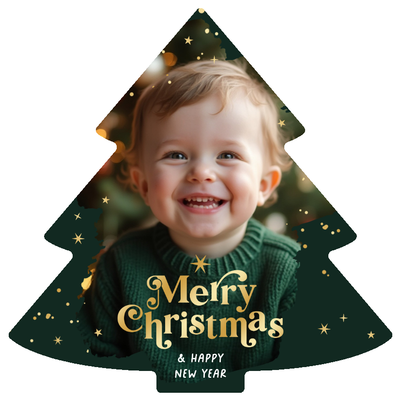 Kerstboom fotokaart merry christmas goud sterren - Kerstkaarten Kerstkaarten - Kerstboom fotokaart merry christmas goud sterren