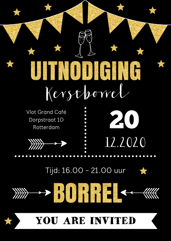 Kerstborrel uitnodiging typografie goud sterren - Kerstkaarten Kerstkaarten - Kerstborrel uitnodiging typografie goud sterren