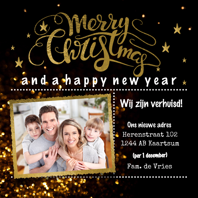 Kerstcombi verhuiskaart - neon goud look - Kerstkaarten Kerstkaarten - Kerstcombi verhuiskaart - neon goud look