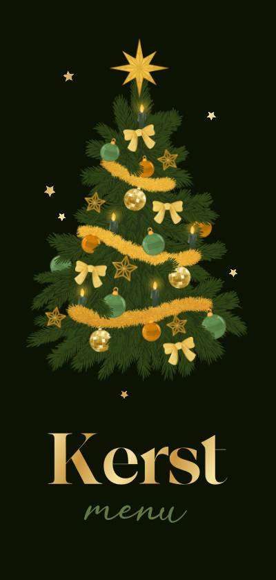 Kerstkaarten - Kerstdiner kerstboom menukaart goud sterretjes decoratie