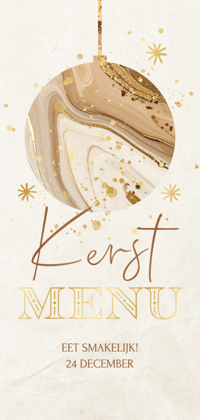 Kerstkaarten - Kerstdiner menukaart met marmer kerstbal beige