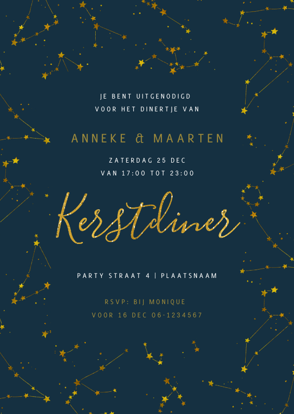 Kerstdiner uitnodiging Goud Sterren nacht - Kerstkaarten Kerstkaarten - Kerstdiner uitnodiging Goud Sterren nacht