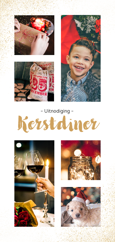 Kerstdiner uitnodiging langwerpig met 6 eigen foto's - Kerstkaarten Kerstkaarten - Kerstdiner uitnodiging langwerpig met 6 eigen foto's