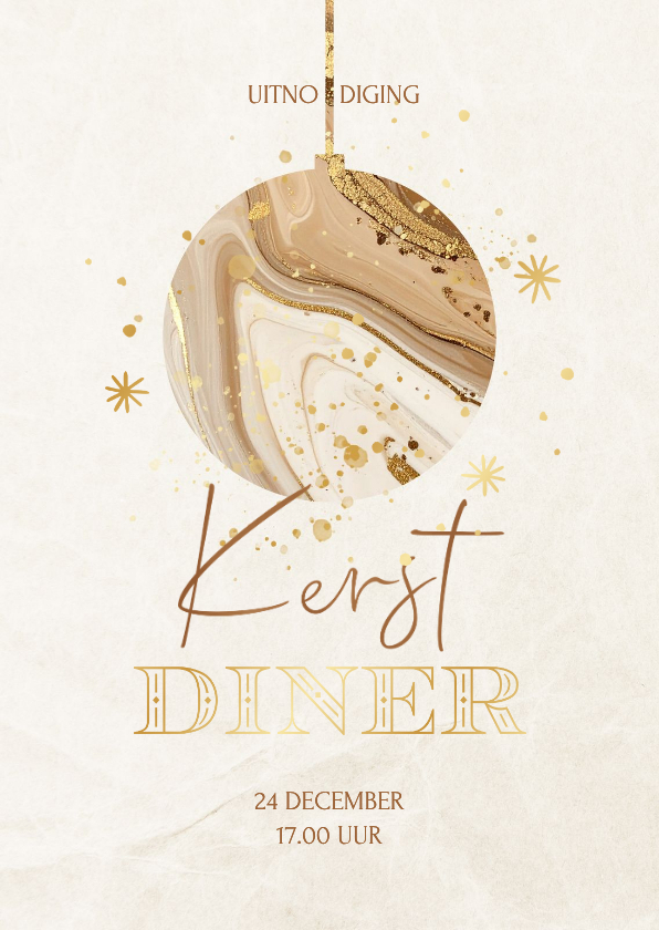 Kerstkaarten - Kerstdiner uitnodiging met marmer kerstbal beige