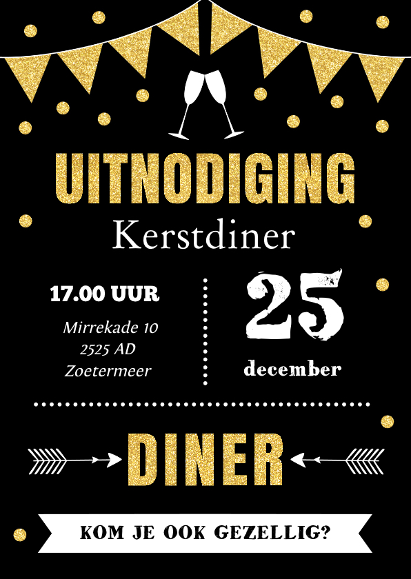 Kerstkaarten - Kerstdiner uitnodiging typografie slinger goud