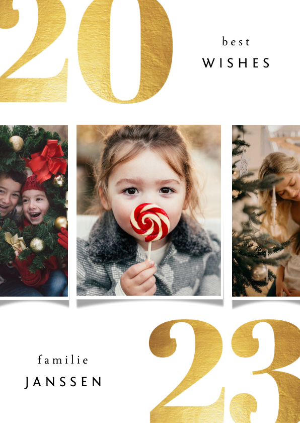 Kerstkaart 2023 best wishes goudlook met 3 foto's - Kerstkaarten Kerstkaarten - Kerstkaart 2023 best wishes goudlook met 3 foto's